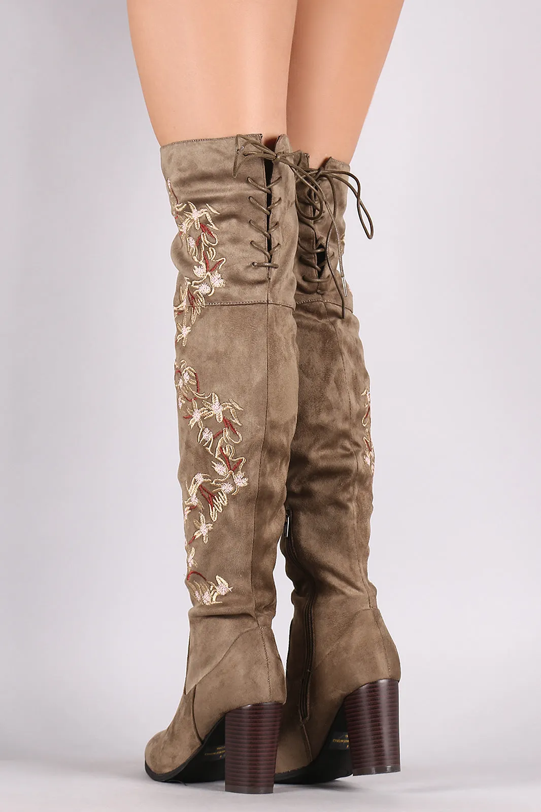 Qupid Embroidered Floral Suede Back Lace-Up Chunky Heeled Boots