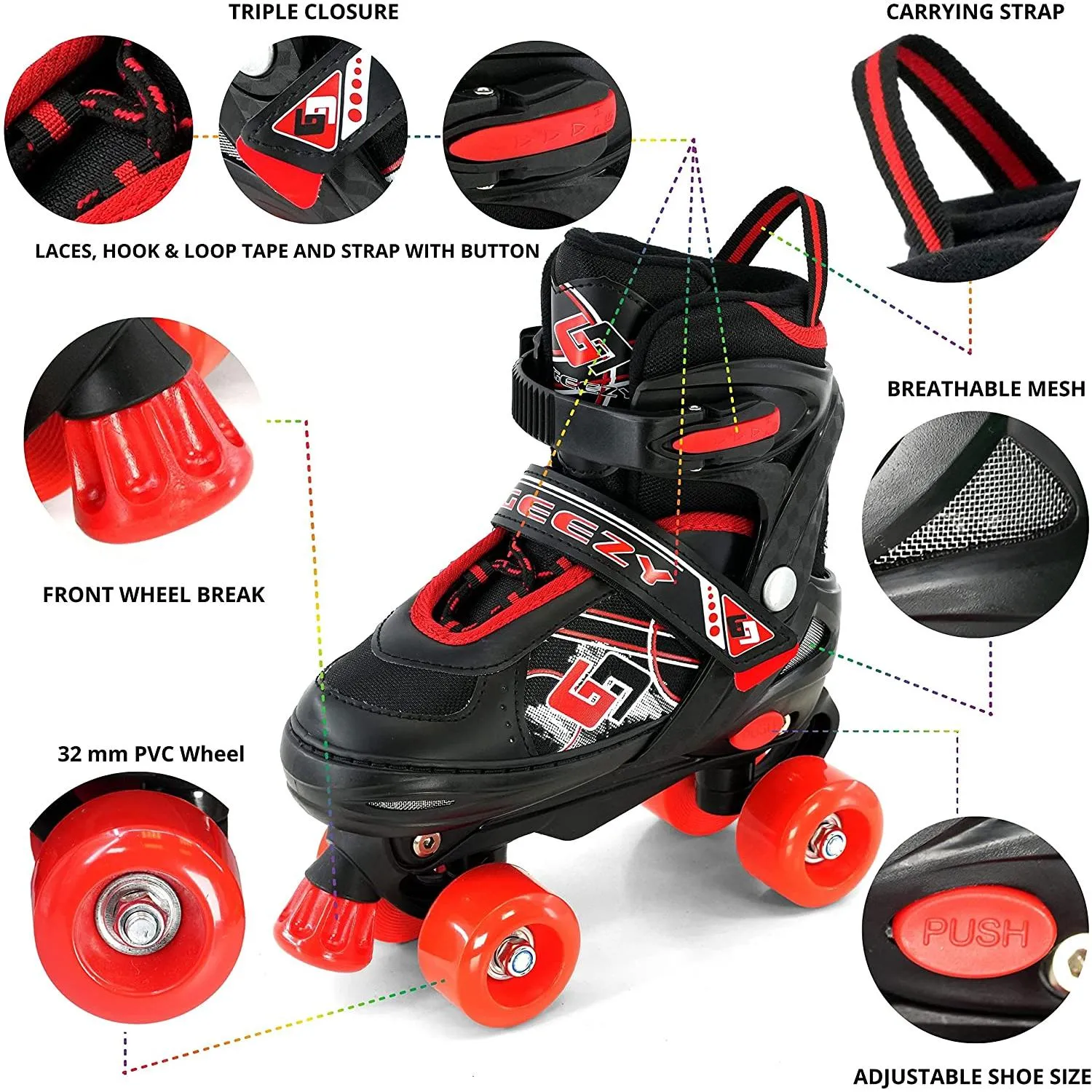 Red and Black Roller Skates for Kids with 4 Wheel