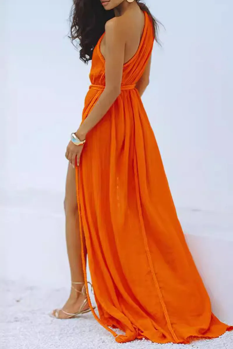 Sexy Vacation Solid Color Slit Strap Design Swimwears Cover Up