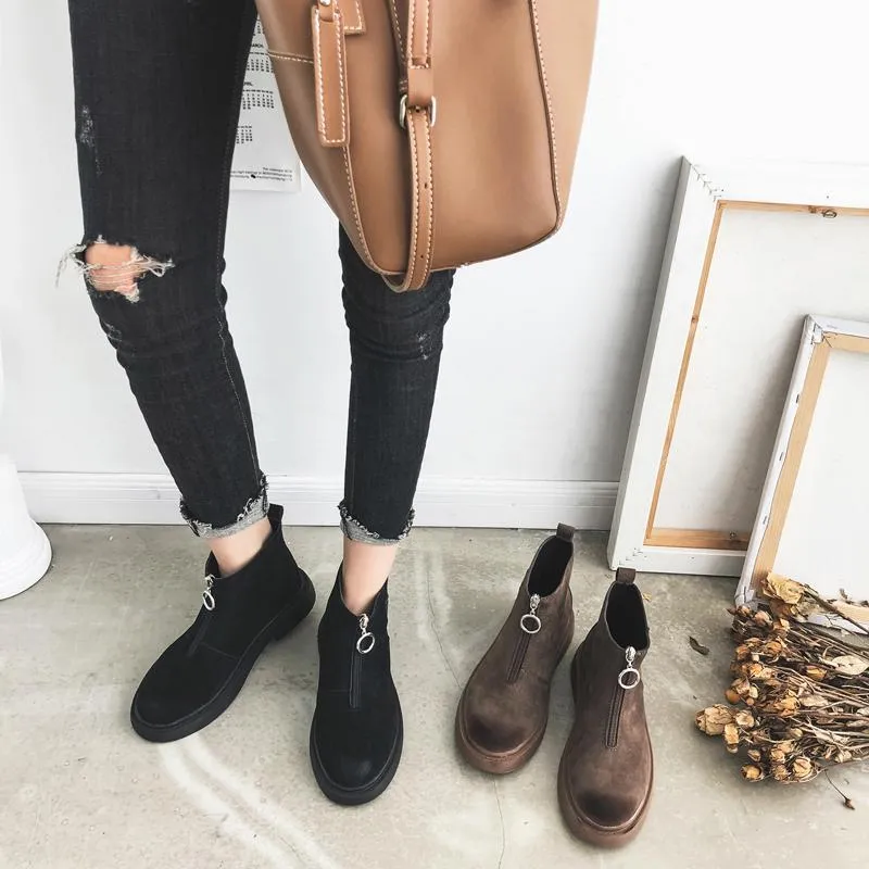 Suede Black Brown Metallic Ring Zipper Boots