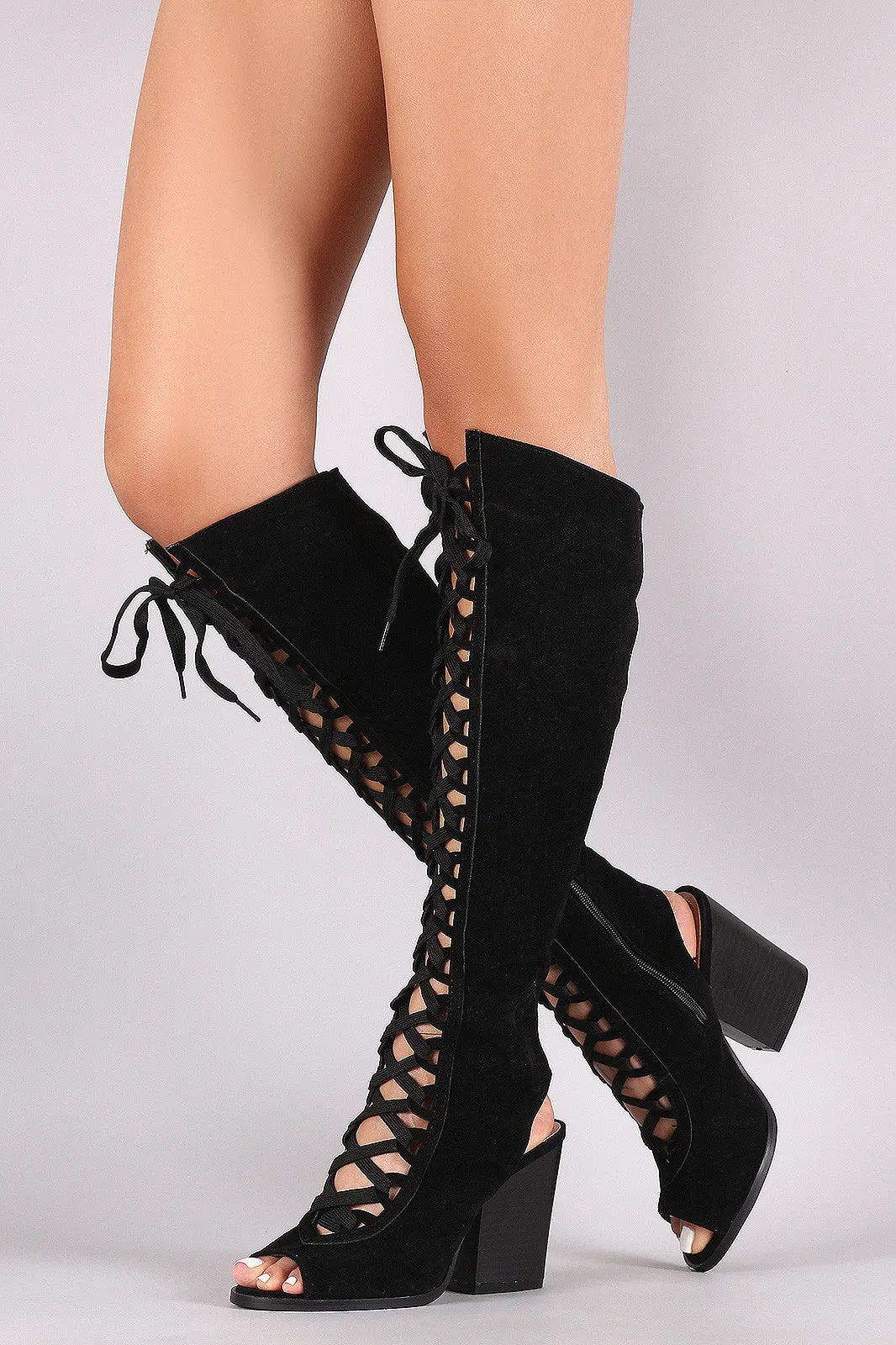 Suede Corset Lace-Up Chunky Heeled Knee High Boots