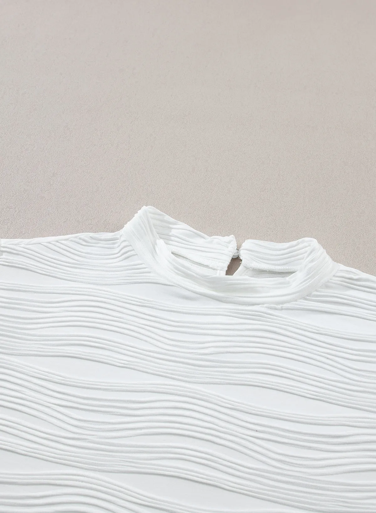 White Wavy Textured Mock Neck Cap Sleeve Top