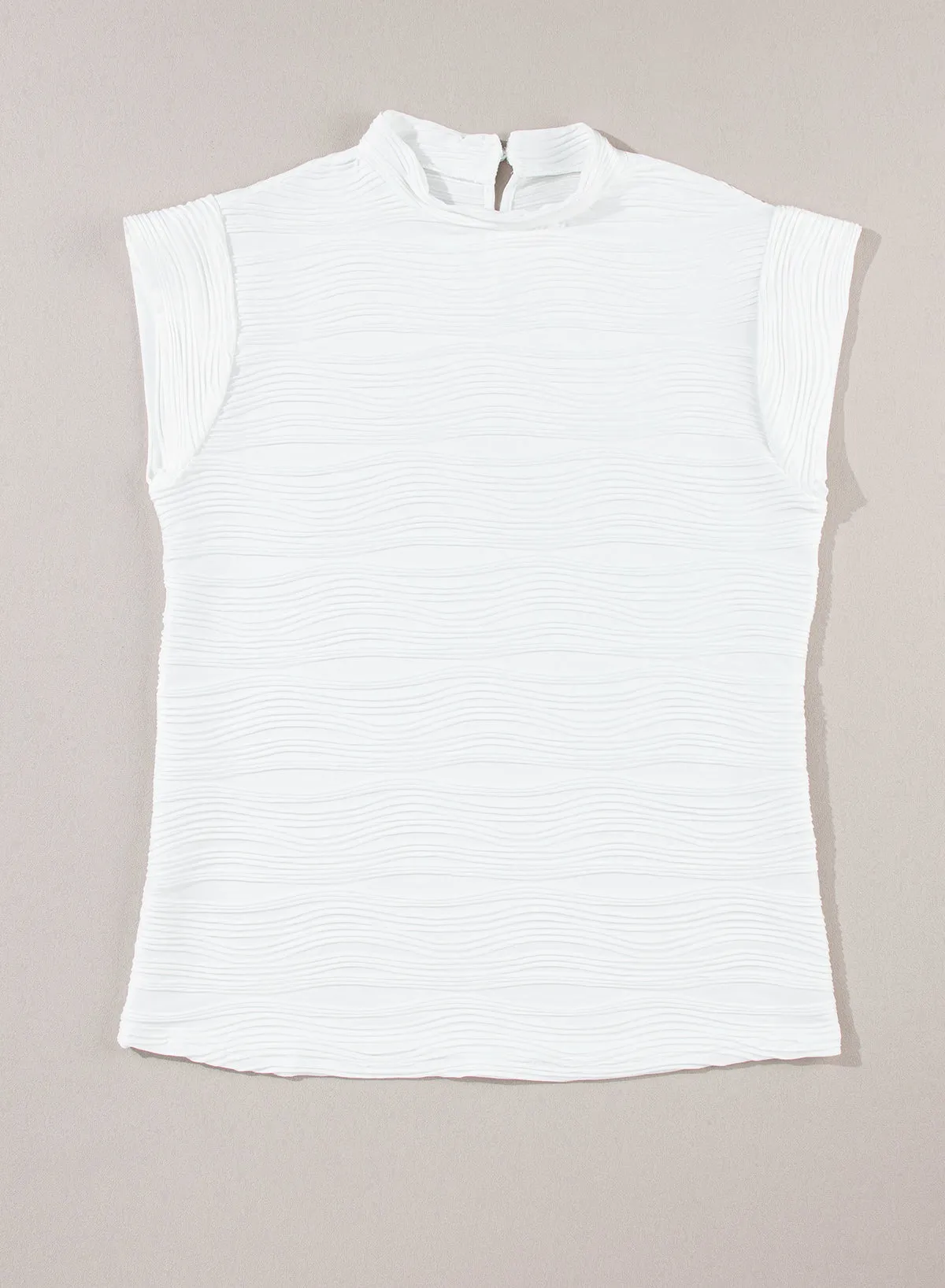 White Wavy Textured Mock Neck Cap Sleeve Top