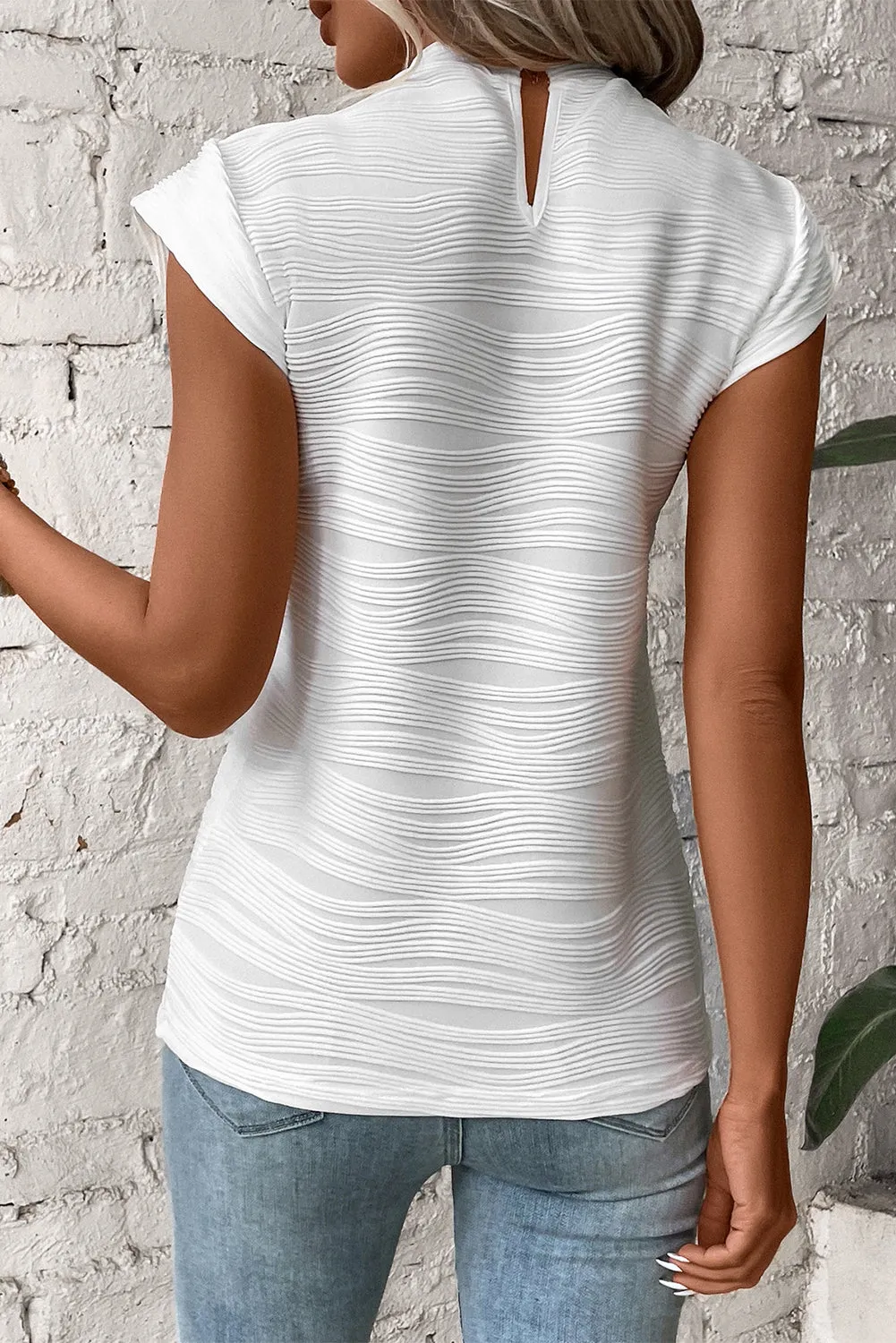 White Wavy Textured Mock Neck Cap Sleeve Top