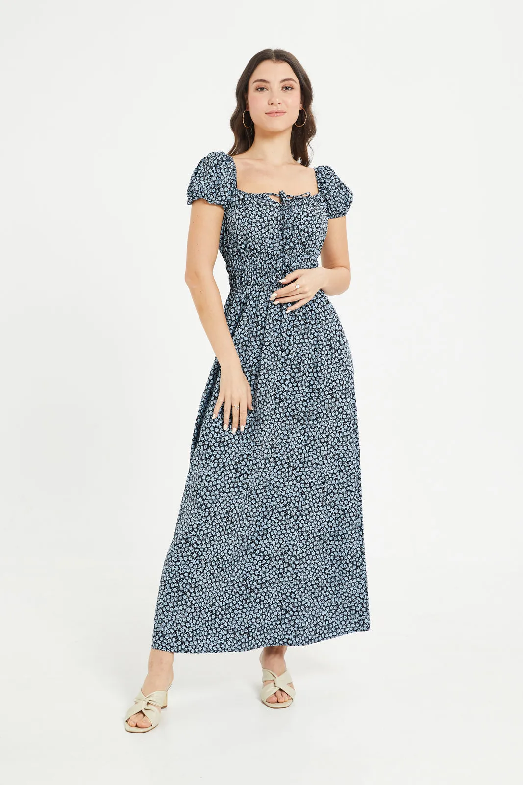 Women Black And Blue Printed Maxi Dress