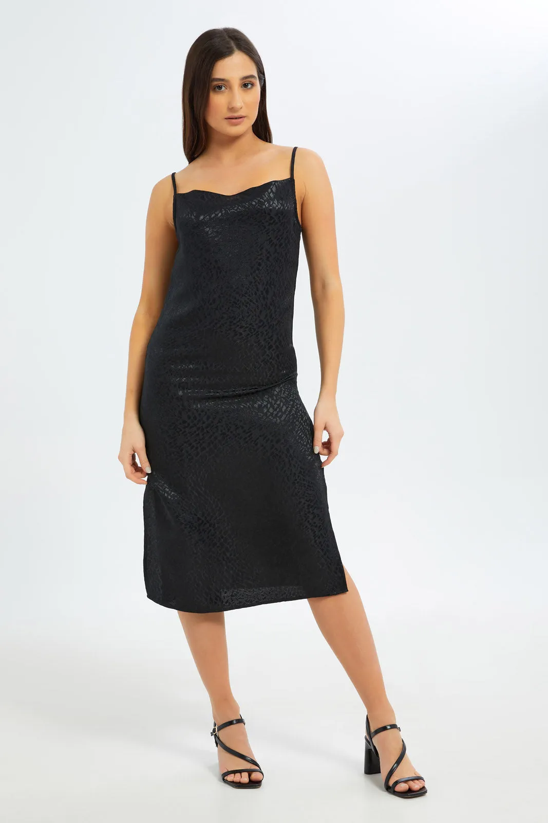 Women Black Jacquard Satin Slip Dress