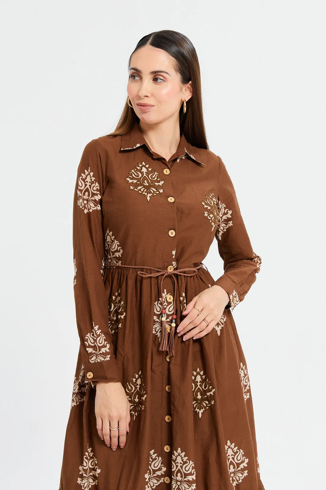 Women Brown Printed Embroidered Shirt Dress With Belt