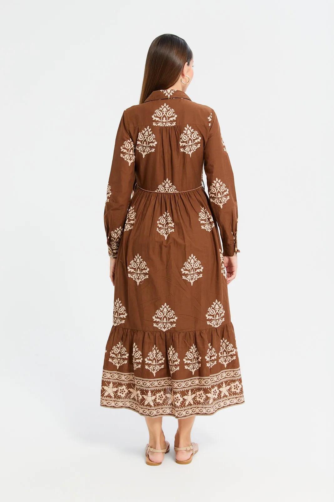 Women Brown Printed Embroidered Shirt Dress With Belt