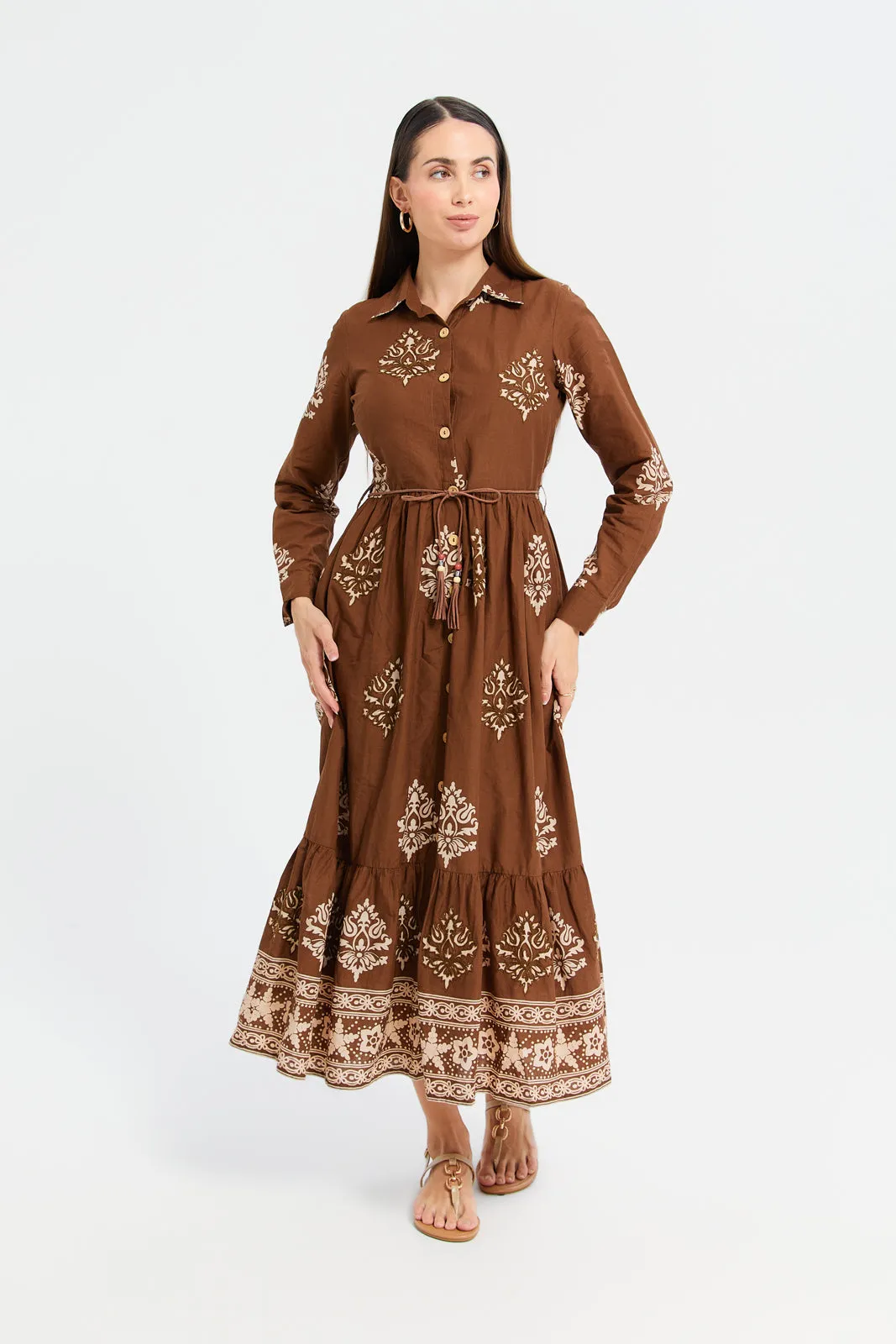 Women Brown Printed Embroidered Shirt Dress With Belt