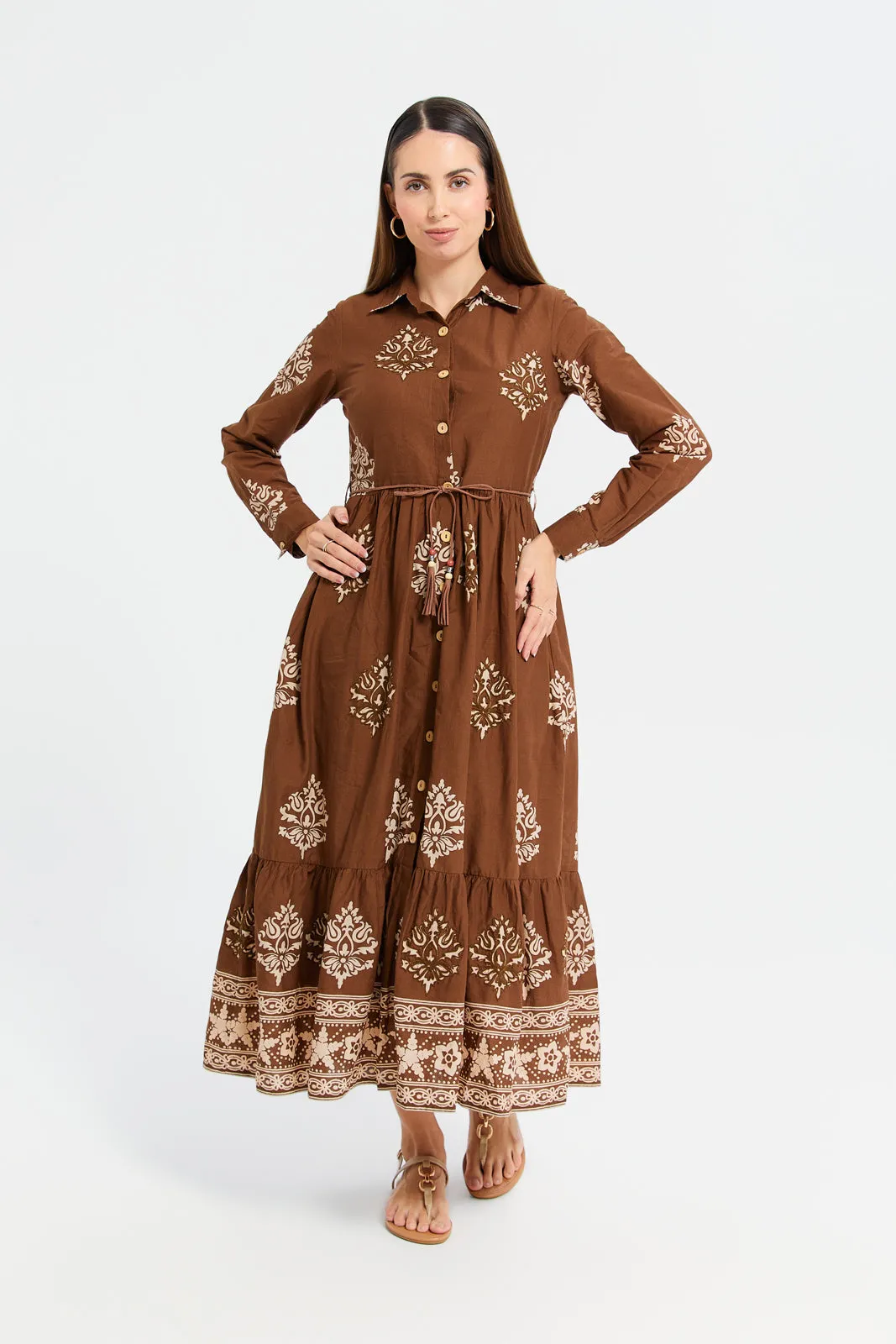 Women Brown Printed Embroidered Shirt Dress With Belt