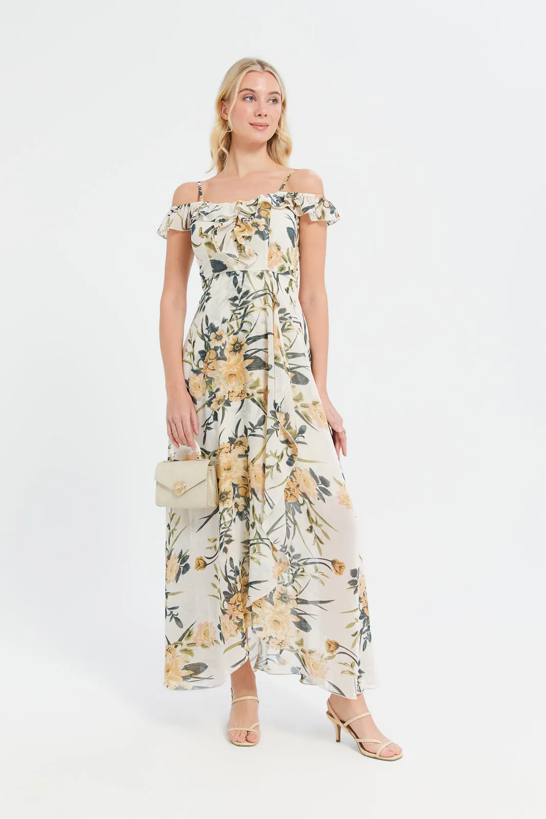 Women Cream Printed Maxi Dress