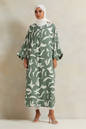 Women Green And Cream Printed Dress:Blue