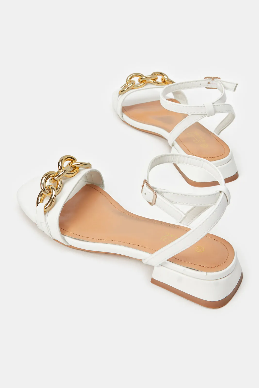 Women White Sandal With Chain Trim