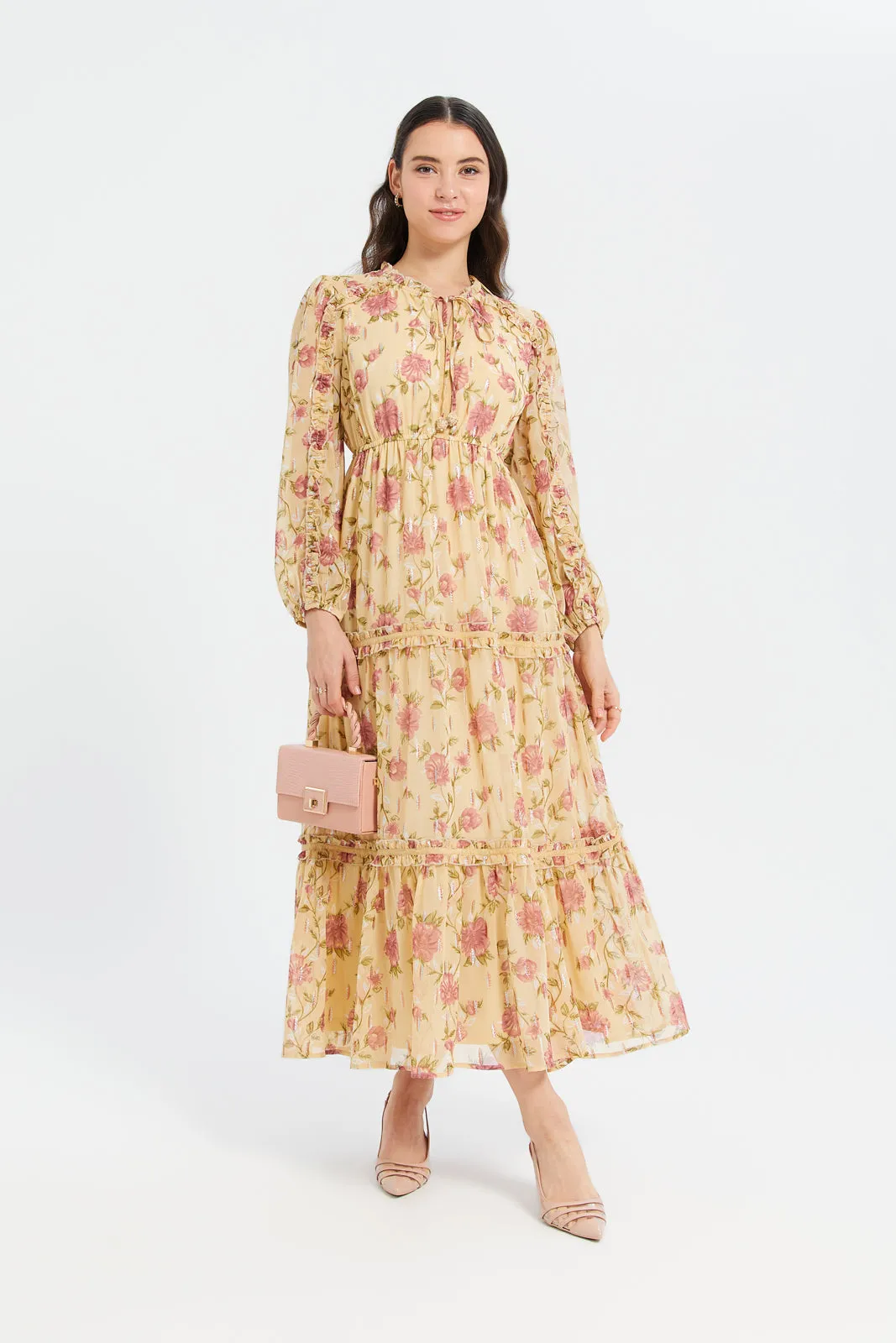 Women Yellow Printed Jacquard Dress