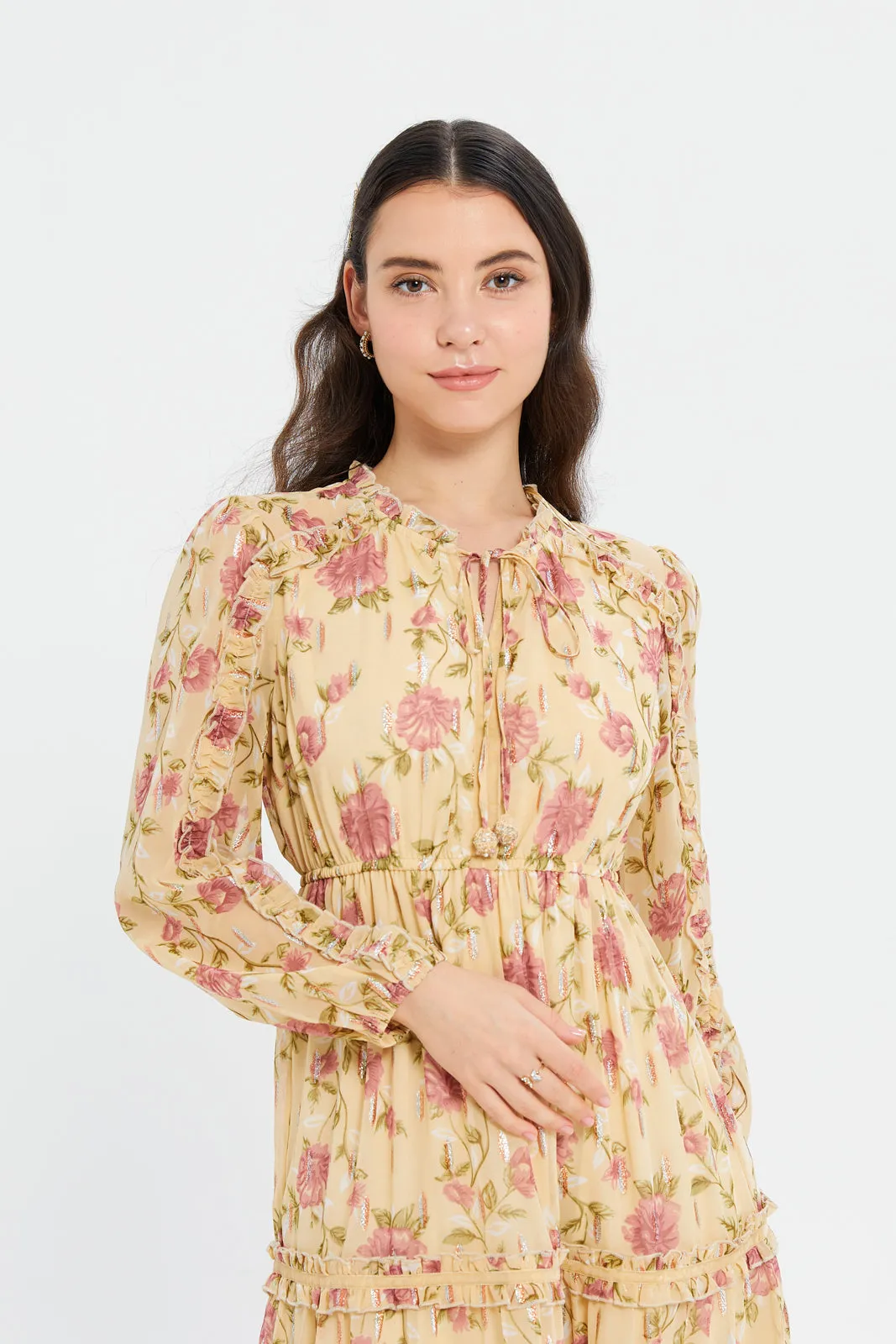 Women Yellow Printed Jacquard Dress