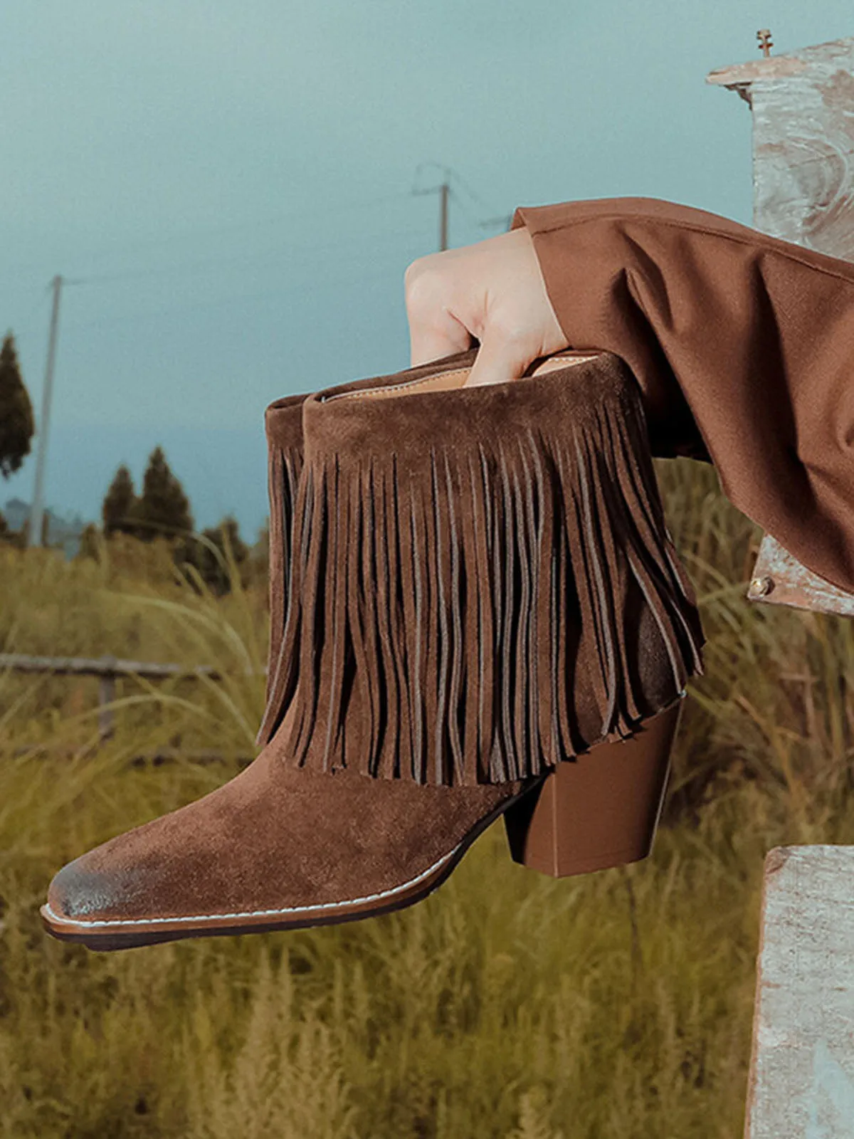 Women's Fringe Pointed Toe Solid Color Chunky Heel Leather Boho Boots