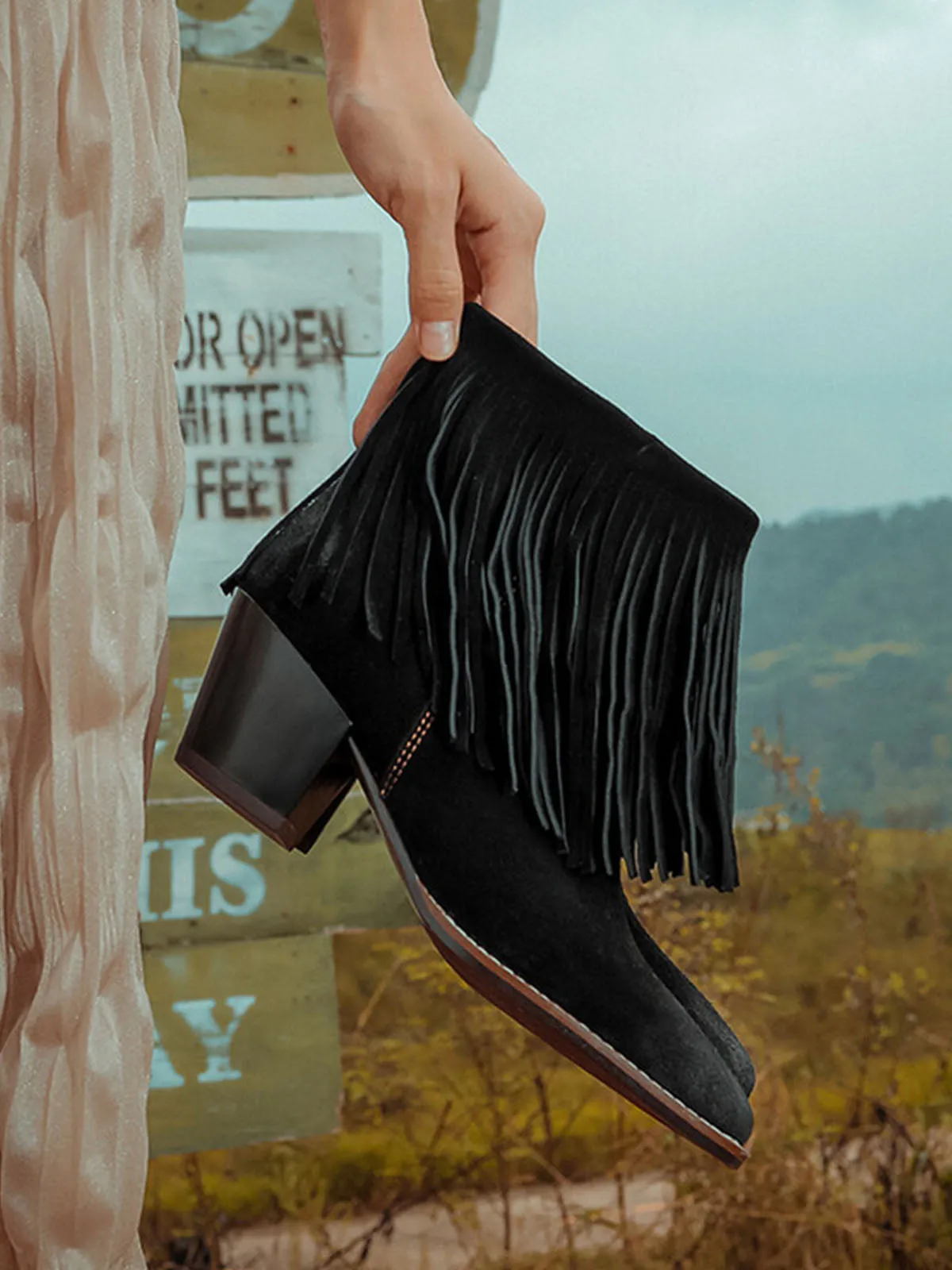 Women's Fringe Pointed Toe Solid Color Chunky Heel Leather Boho Boots