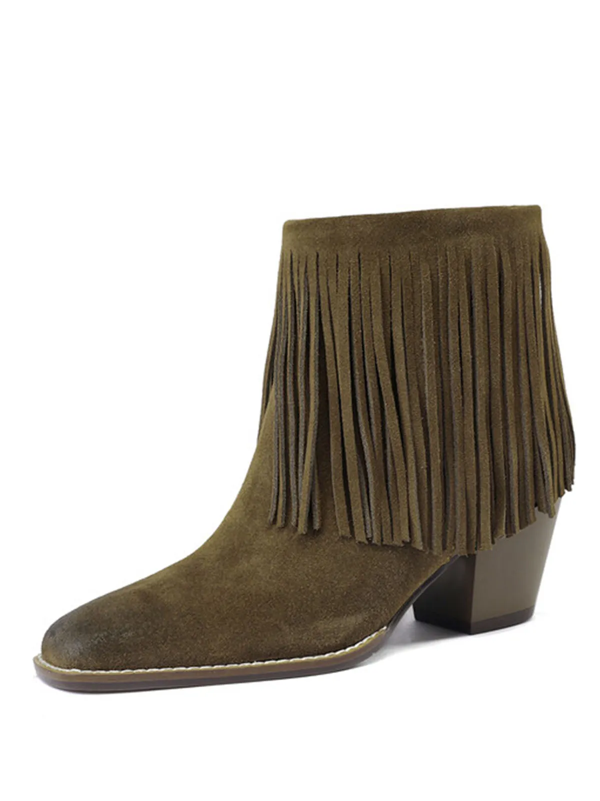 Women's Fringe Pointed Toe Solid Color Chunky Heel Leather Boho Boots