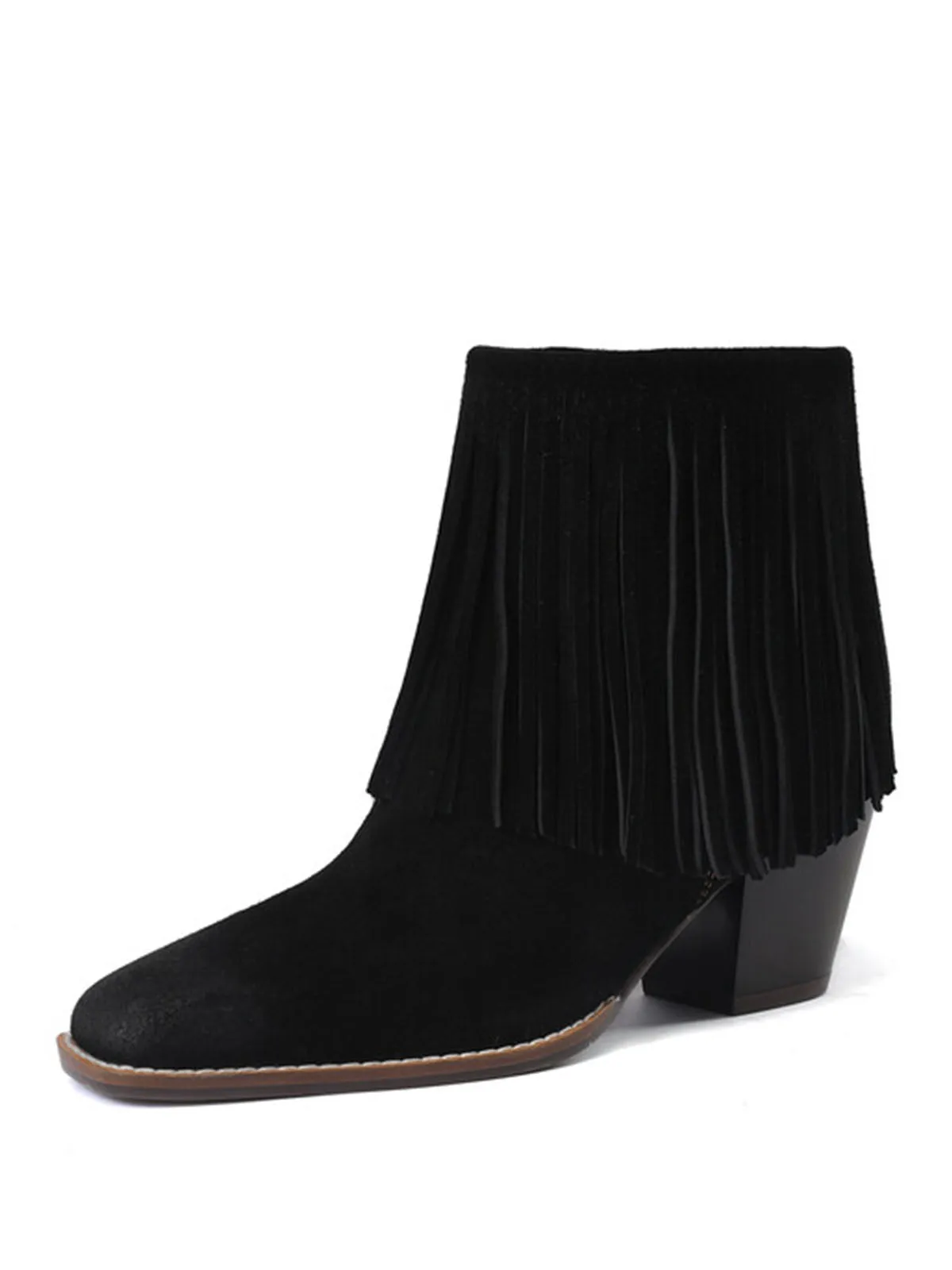 Women's Fringe Pointed Toe Solid Color Chunky Heel Leather Boho Boots